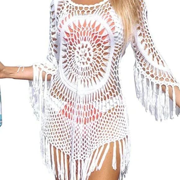 Women's Cover Up White Crochet Hollow Out Tassel Swimsuit Three Quarter Sleeve - Picture 4 of 5